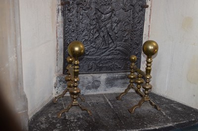 Lot 62 - Pair of brass andirons with ball ornamentation