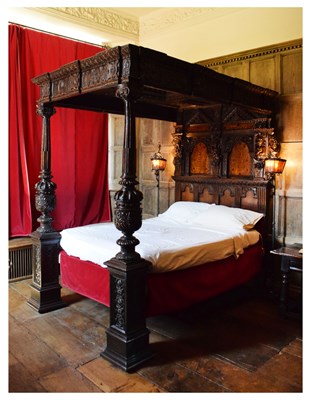 Lot 63 - Impressive carved oak and marquetry-inlaid tester bed
