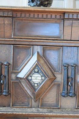Lot 84 - Dated mid-17th Century English oak, fruitwood and mother-of-pearl inlaid enclosed geometric chest of drawers