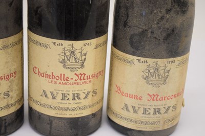 Lot 570 - Avery’s Château Beaune Marconnets, 1971, Avery’s Chambolle-Musigny, Les Amoureuses, 1964, etc