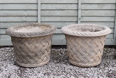 Lot 681 - Pair of basket design garden urns