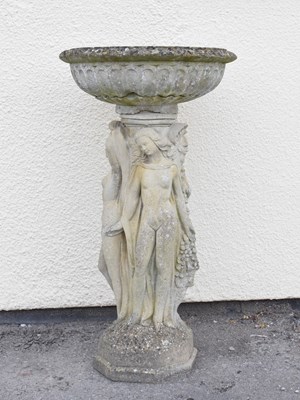 Lot 526 - Composite stone garden pedestal bird bath decorated with the Three Graces