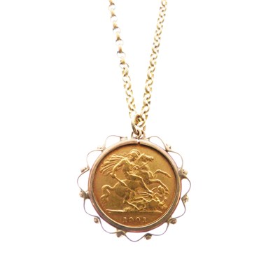 Lot 45 - Late Victorian half sovereign, 9ct pendant frame and 9ct yellow metal belcher link chain