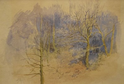 Lot 394 - Watercolour study of wooded landscape signed 'TY', together with soft point etching of horse jumping over hurdle