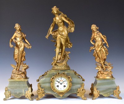 Lot 554 - French gilt spelter and green onyx three-piece clock garniture, Japy Freres