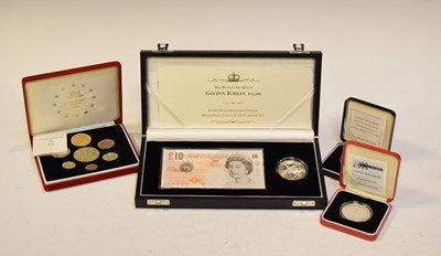 Lot 187 - Golden Jubilee silver proof crown set, 2000 five pound silver proof,1999 silver proof £2 coin and 1992 Piedfort proof set (4)