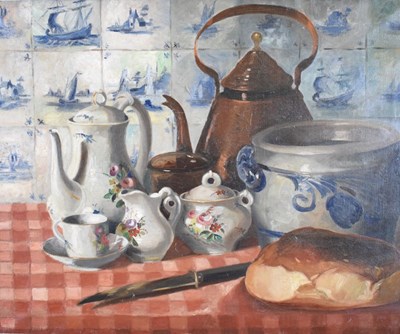 Lot 422 - Oil on canvas - Still Life of Delft Tiles