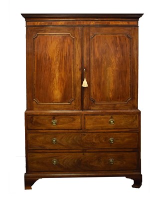 Lot 483 - George III inlaid mahogany linen press (lacking shelves), 130cm x 60cm x 193cm high