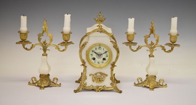 Lot 419 - French white marble three piece clock garniture, clock 32cm high