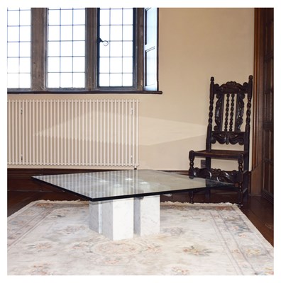Lot 141 - Late 20th Century glass top table on four marble pillars