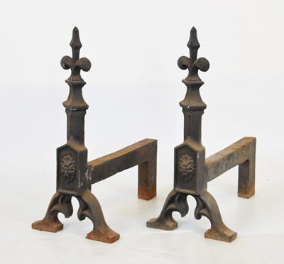 Lot 268 - Pair of fleur-de-lis andirons or fire dogs plus grate