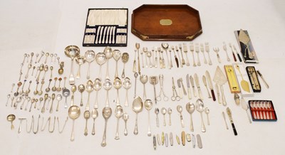 Lot 221 - Oak octagonal tray with central presentation plaque and mixed plated cutlery