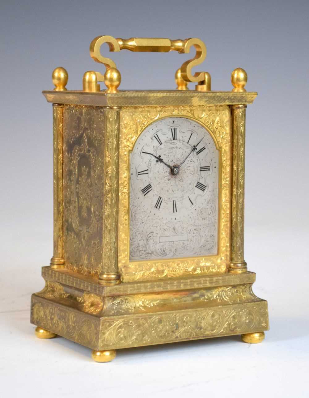 Lot 562 - Unusual mid 19th Century English engraved  gilt brass carriage clock