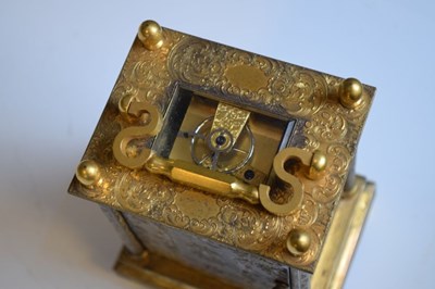 Lot 562 - Unusual mid 19th Century English engraved  gilt brass carriage clock