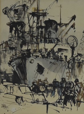 Lot 390 - Harry Hudson Rodmell, (1896-1984) - Watercolour - Figures before ship