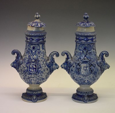 Lot 332 - Pair of Rhenish Westerwald salt-glazed stoneware vases and covers