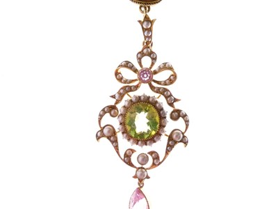 Lot 312 - Peridot, pink tourmaline and seed pearl pendant necklace