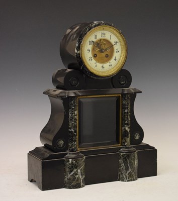 Lot 369 - French black slate and verde antico marble drumhead mantel clock