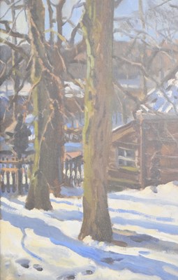 Lot 462 - Johanna van Eysinga (Dutch, 1881-1951) - Oil on canvas - Chalet snow scene