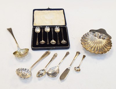 Lot 106 - George V silver shell butter dish, coffee spoons and sundry flatware