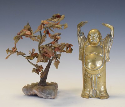 Lot 430 - Brass figure of Hotei and Chinese hardstone tree