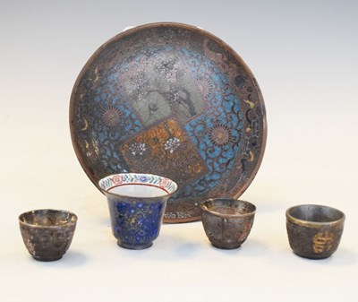 Lot 432 - Cloisonné saucer, enamel bowl, three Chinese metal-lined cups with Buddhist motifs