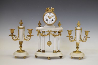 Lot 489 - French white marble and gilt brass three-piece portico clock garniture