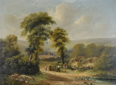 Lot 463 - English School - Oil on canvas - Figures by a stream, a town in the distance