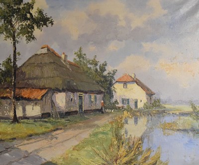 Lot 465 - A.B. Laurent - Oil on canvas - Cottages by a stream