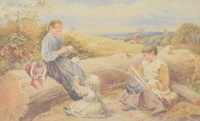 Lot 476 - Manner of John Birket Foster - Watercolour - Children beside a log