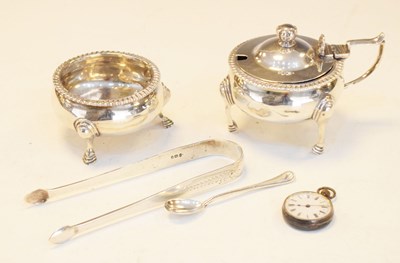 Lot 96 - George IV two pieces condiment set, sugar tongs and lady's fob watch