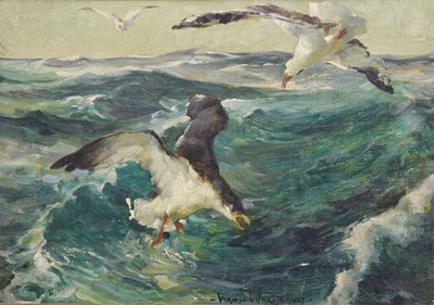 Lot 553 - Vernon Ward (1905-1985) -  Oil on board - Seagulls in flight above a stormy sea