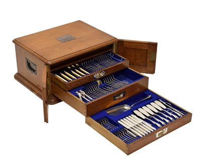 Lot 124 - Matched silver canteen of mainly Old-English rat-tail pattern cutlery in a fitted oak case