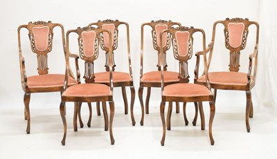 Lot 595 - Set of six (4 + 2 arm) Edwardian carved fruitwood salon or parlour chairs