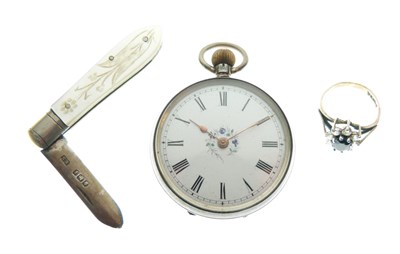 Lot 212 - Silver white metal case fob watch, pen knife and silver ring