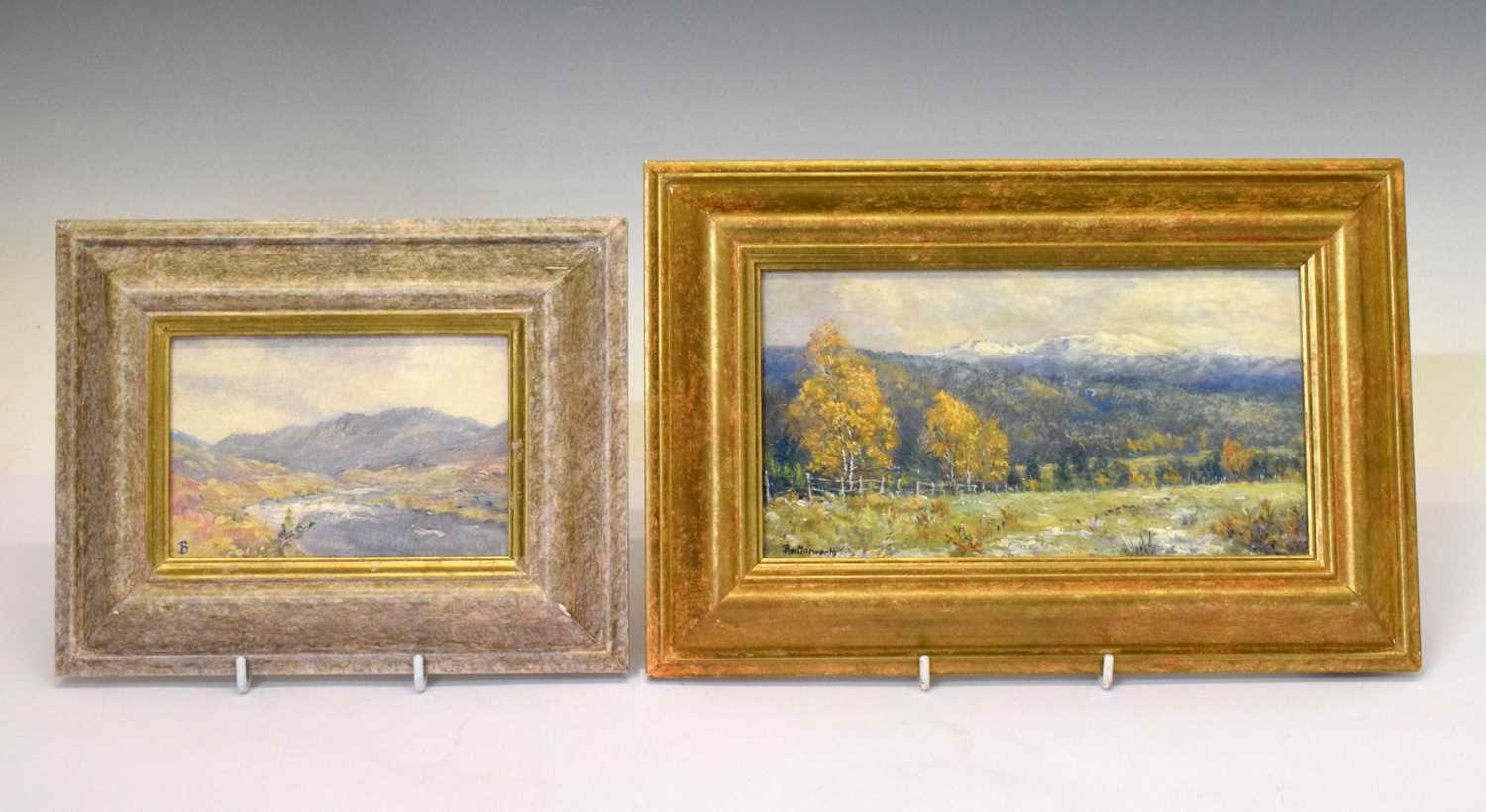 Lot 555 - Howard Butterworth (Scottish, B.1945) - Pair of acrylic on board - Highland landscapes