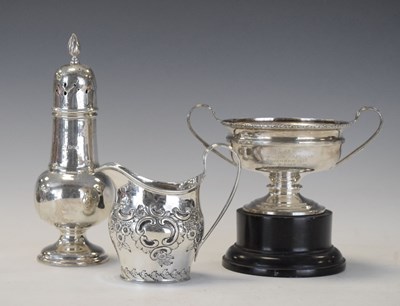 Lot 117 - Edwardian silver cream jug, sugar caster and twin handled trophy