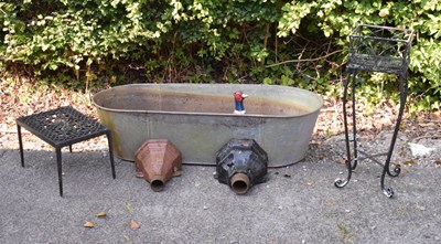 Lot 628 - Two cast rain hoppers, galvanised tin bath, etc