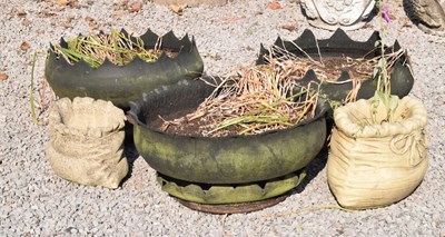 Lot 642 - Three 'tyre' planters and two novelty composite stone planters in the form of a sack