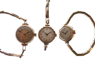 Lot 69 - Three lady's 9ct gold wristwatches, two on plated bracelets