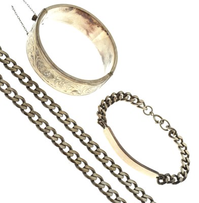 Lot 68 - Elizabeth II silver bangle, curb link necklace and identity bracelet