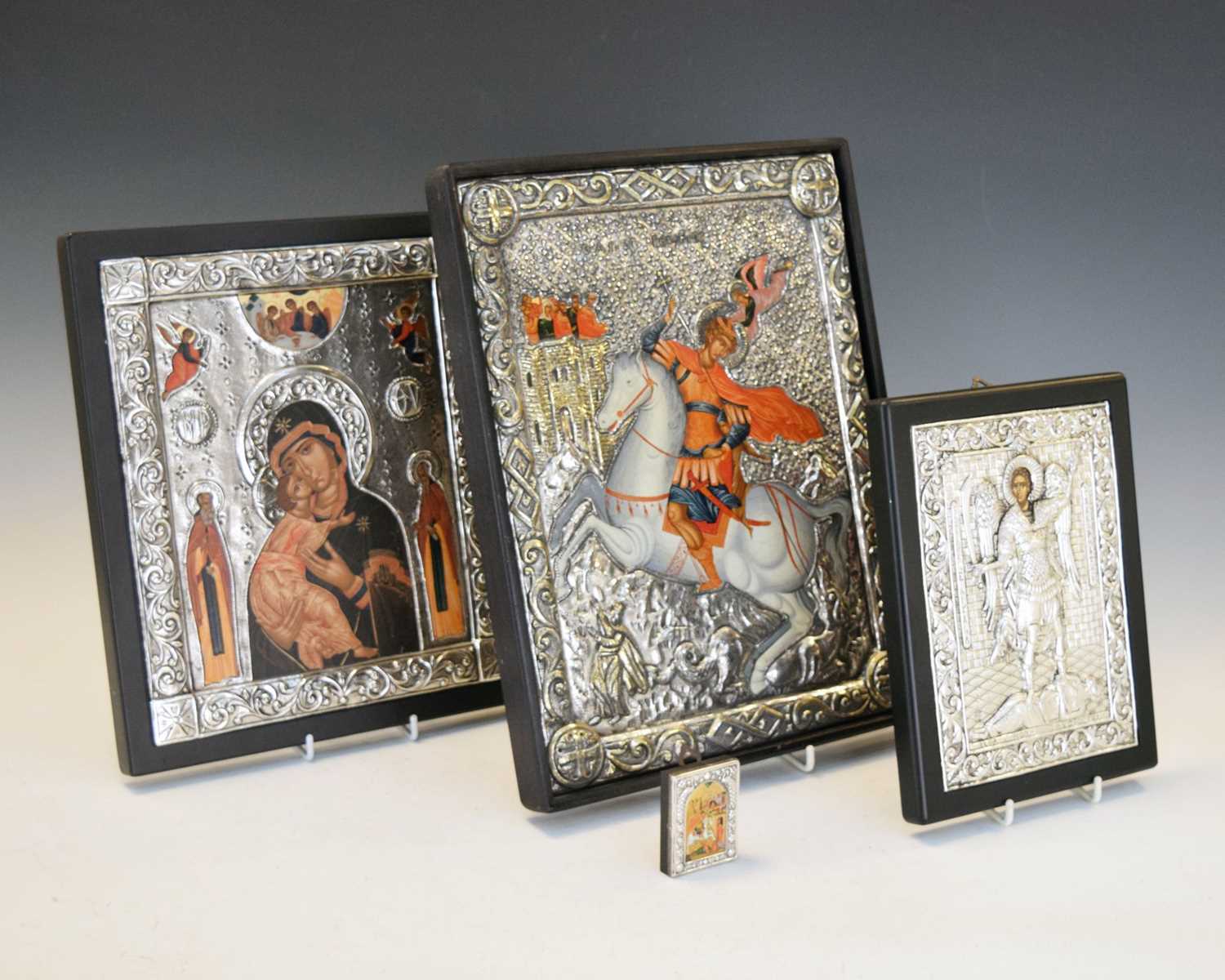 Lot 136 - Four white-metal clad Byzantine icons