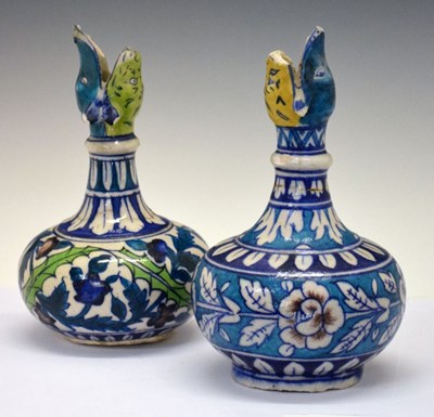 Lot 377 - Near pair of Eastern pottery bottle vases (surahi)