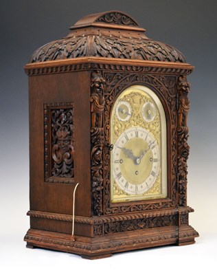 Lot 643 - Winterhalder & Hofmeier - Large German carved oak triple fusee chiming bracket clock