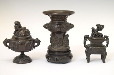 Lot 441 - Japanese bronze vase and two koros