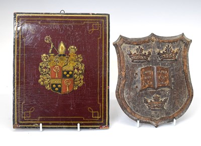 Lot 175 - Carved armorial shield and oil on panel of a Austrian armorial crest