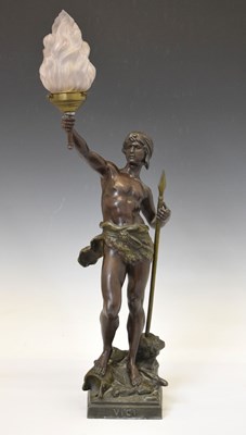 Lot 215 - After Louis Auguste Moreau (French, 1855-1919) - Large spelter figural lamp