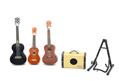 Lot 184 - Clearwater ukulele together with an Lanika electric ukulele, Stagg electric ukulele and amp