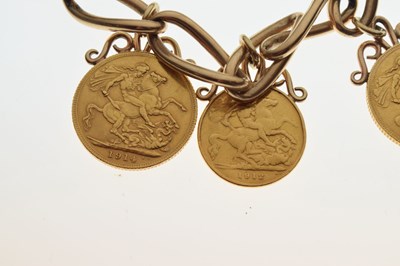 Lot 86 - 9ct gold bracelet attached two gold sovereigns and one half sovereign
