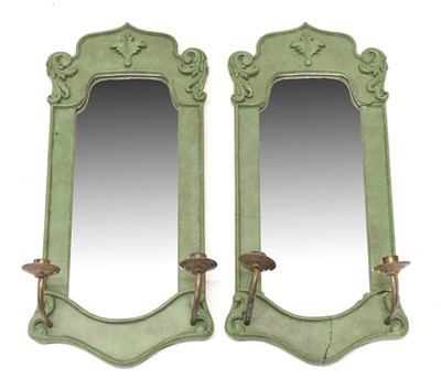 Lot 577 - Pair of green painted girandole wall mirrors